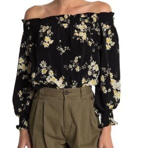 Wayf Womens Size S Black Yellow Floral Off Shoulder Smocked Bodysuit Long Sleeve